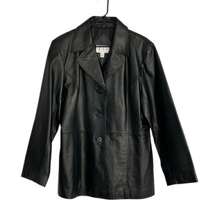 Worthington Black Leather Jacket Women XL Button Down Notch Lapel Collar Pockets